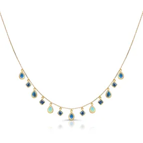 Blue Sapphire Square And Rainbow Moonstone Pear Shape Necklace In 18K Yellow Gold