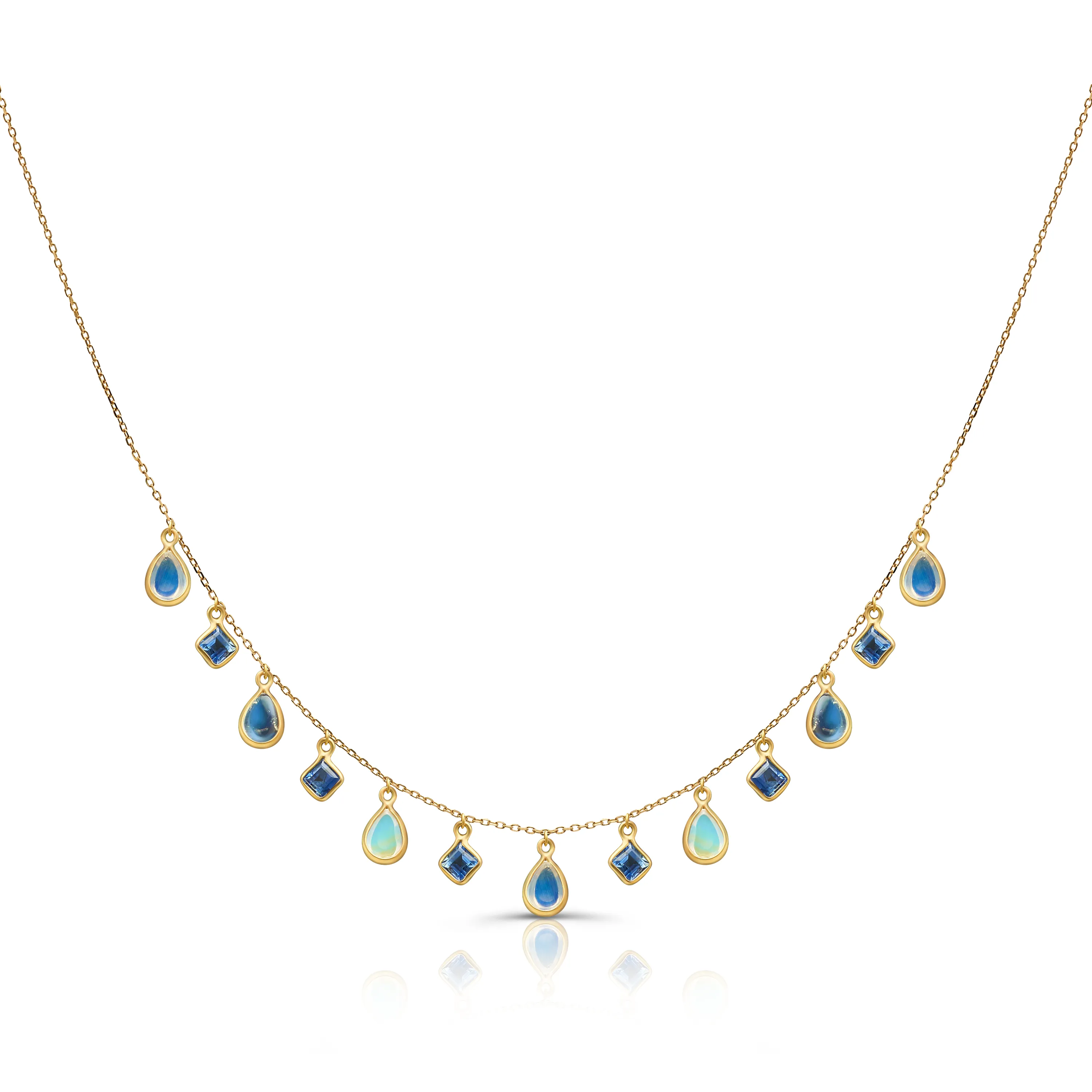 Blue Sapphire Square And Rainbow Moonstone Pear Shape Necklace In 18K Yellow Gold