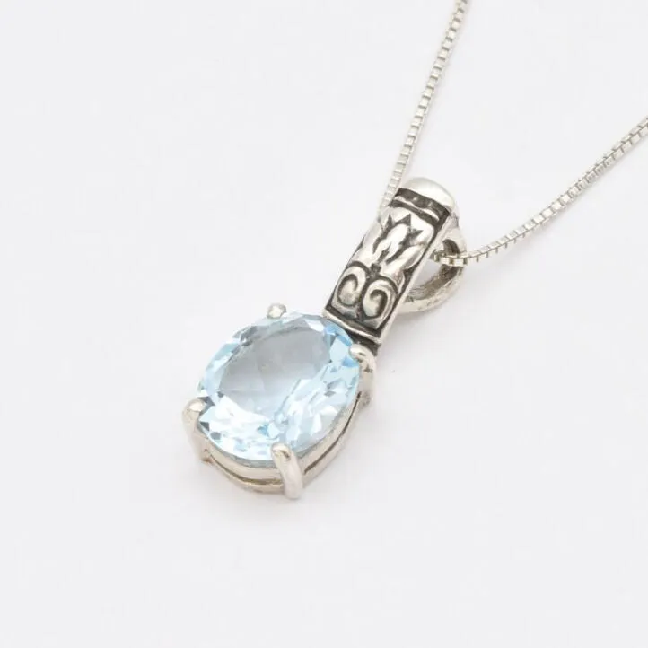 Blue Topaz Silver Necklace - Natural Blue Topaz Pendant - December Birthstone