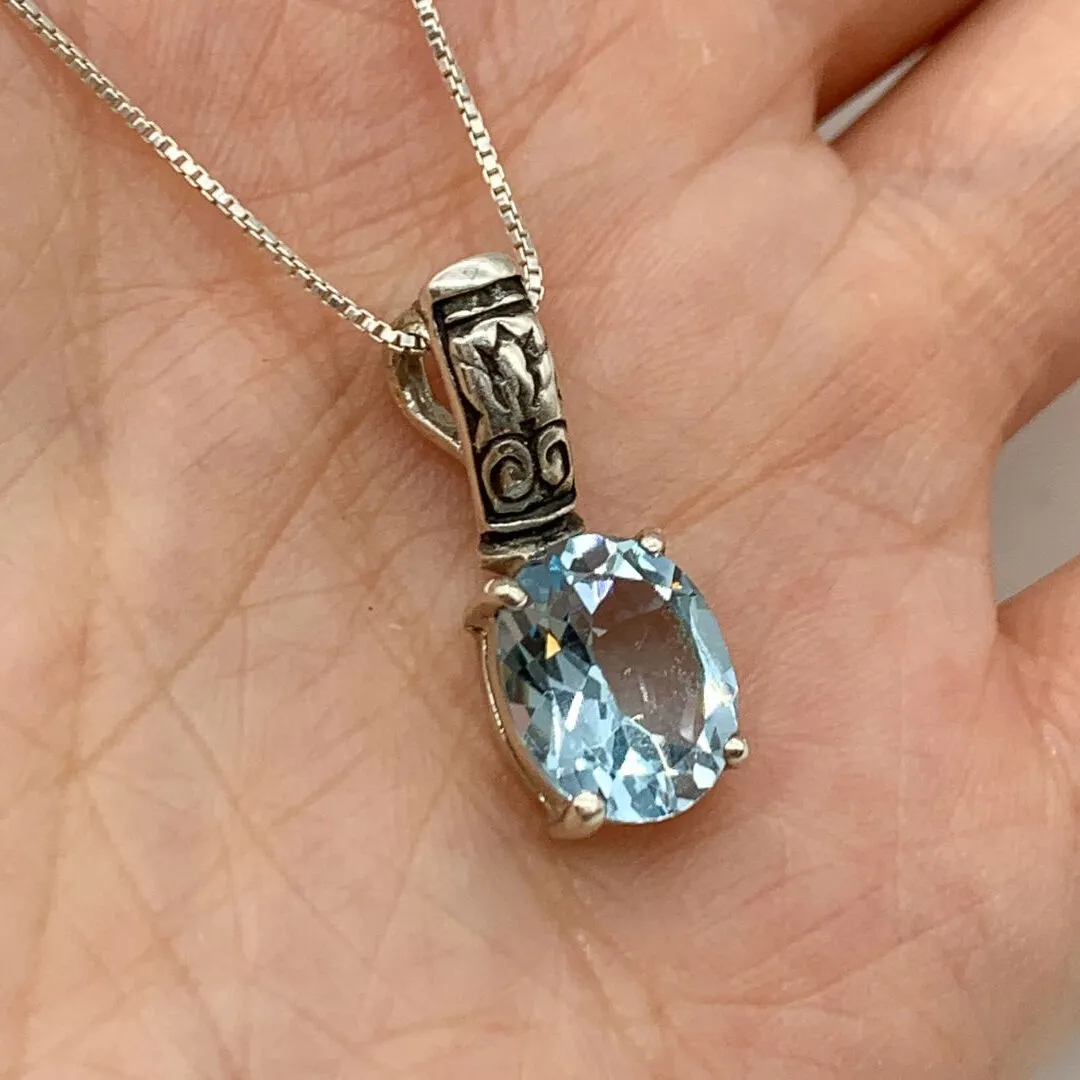 Blue Topaz Silver Necklace - Natural Blue Topaz Pendant - December Birthstone