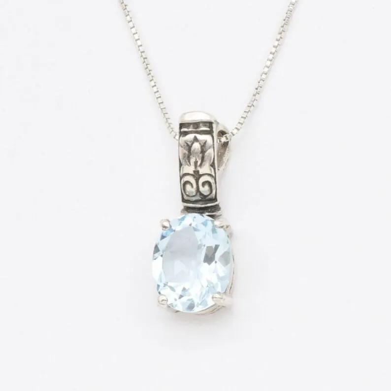 Blue Topaz Silver Necklace - Natural Blue Topaz Pendant - December Birthstone