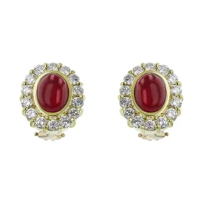 Cabochon Ruby Diamond Halo Earrings with Clip Backs