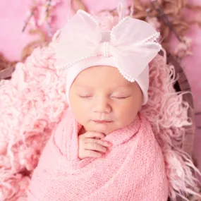 Chiffon and Pearl Trimmed Bow Pink or White Newborn Girl Hospital Hat