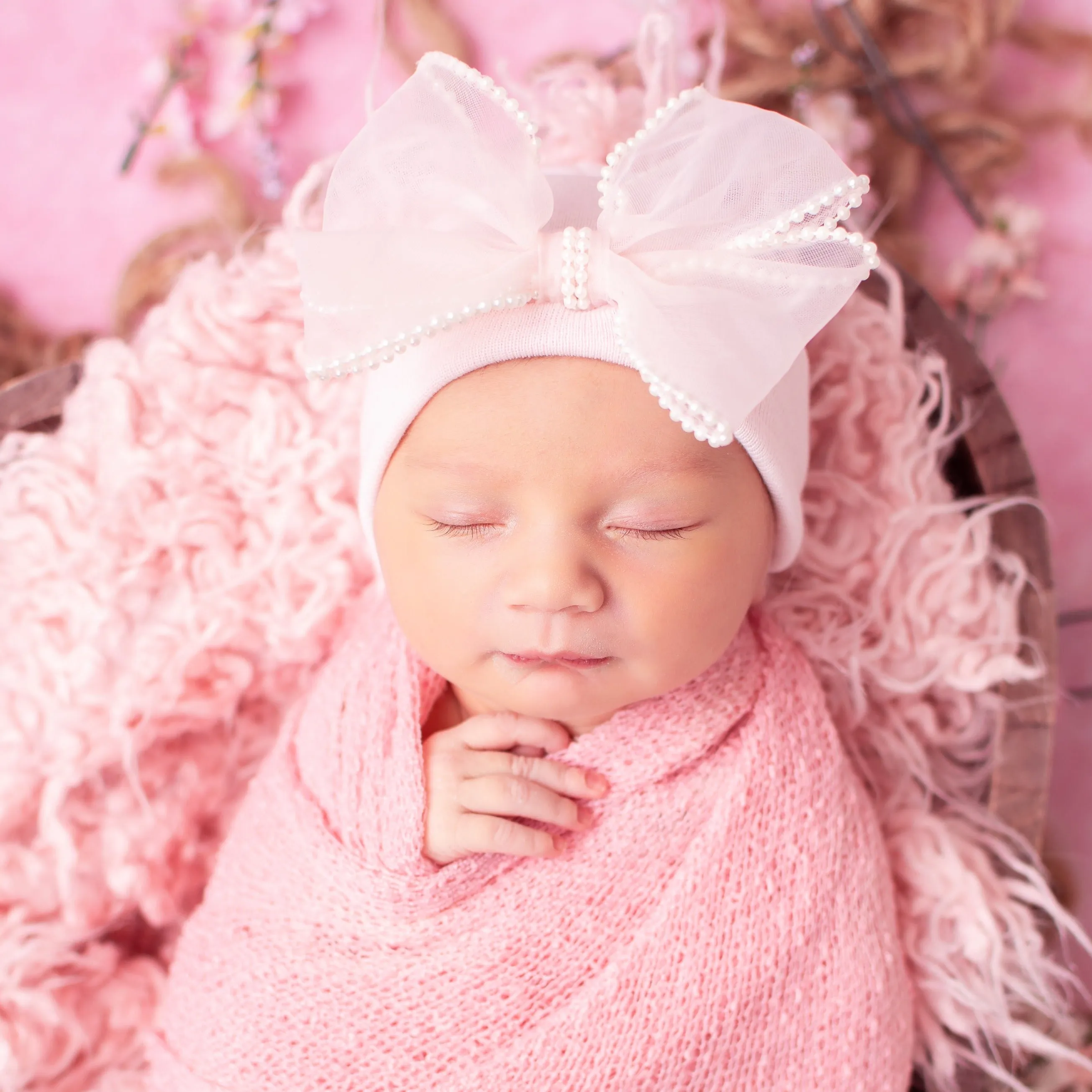 Chiffon and Pearl Trimmed Bow Pink or White Newborn Girl Hospital Hat