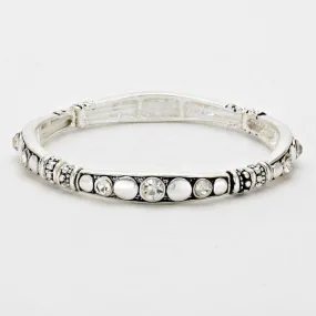 Crystal Accented Burnished Stretchable Silver Tone Bracelet