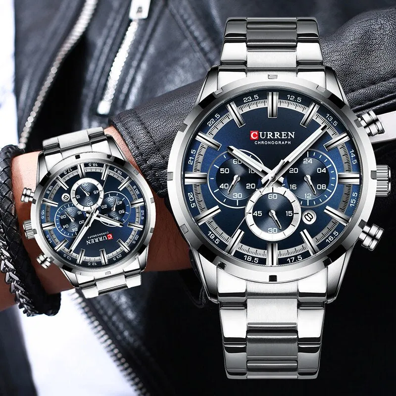 CURREN 8355 Silver Stainless Steel Chronograph Watch For Men - Silver