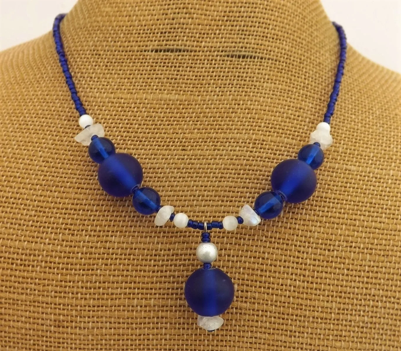 Dark Blue & Moonstone Gem Handmade Bead Necklace