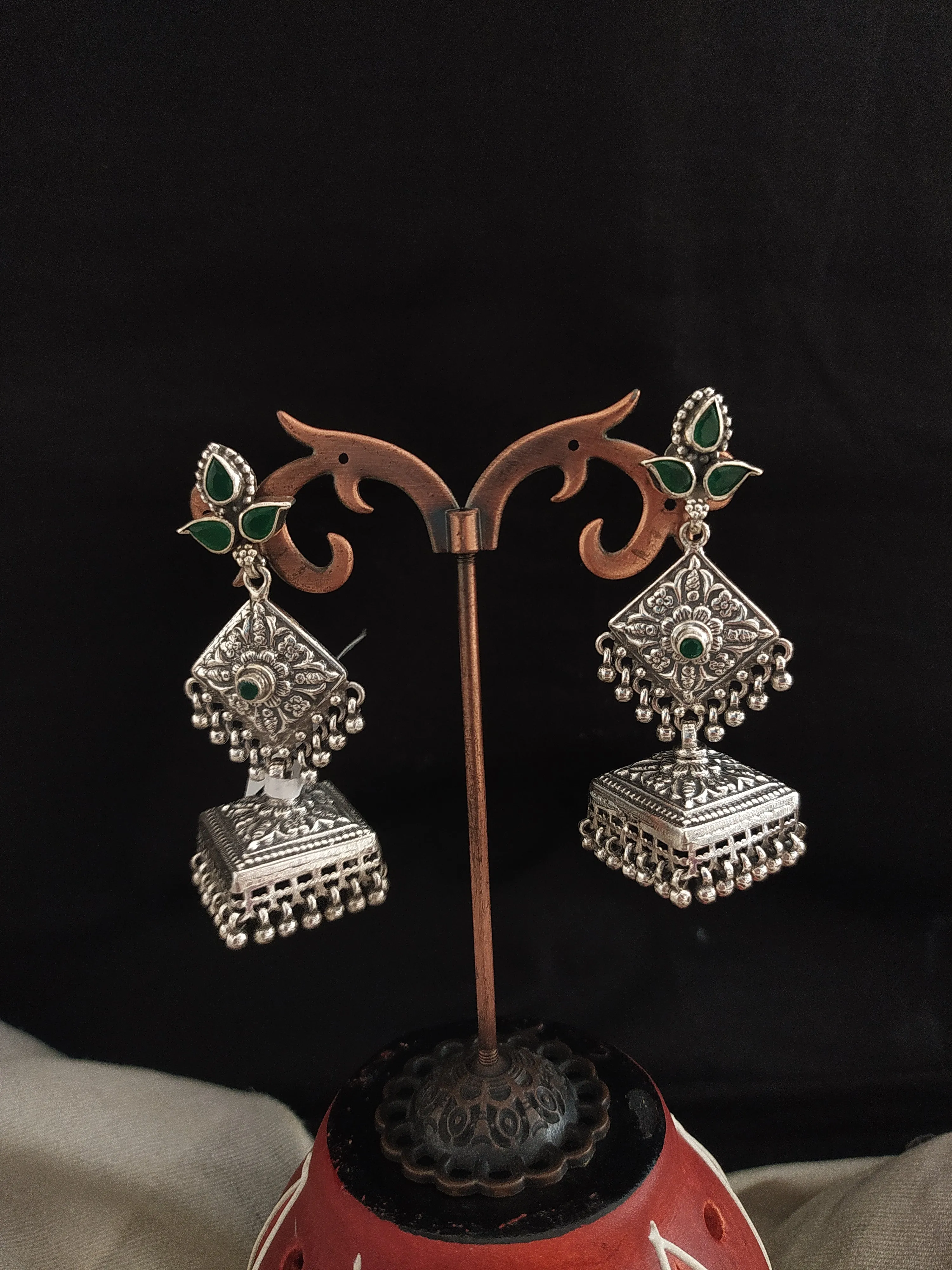 Designer Oxidized Jhumki with Emerald and Ruby Stones – Perfect for Navaratri