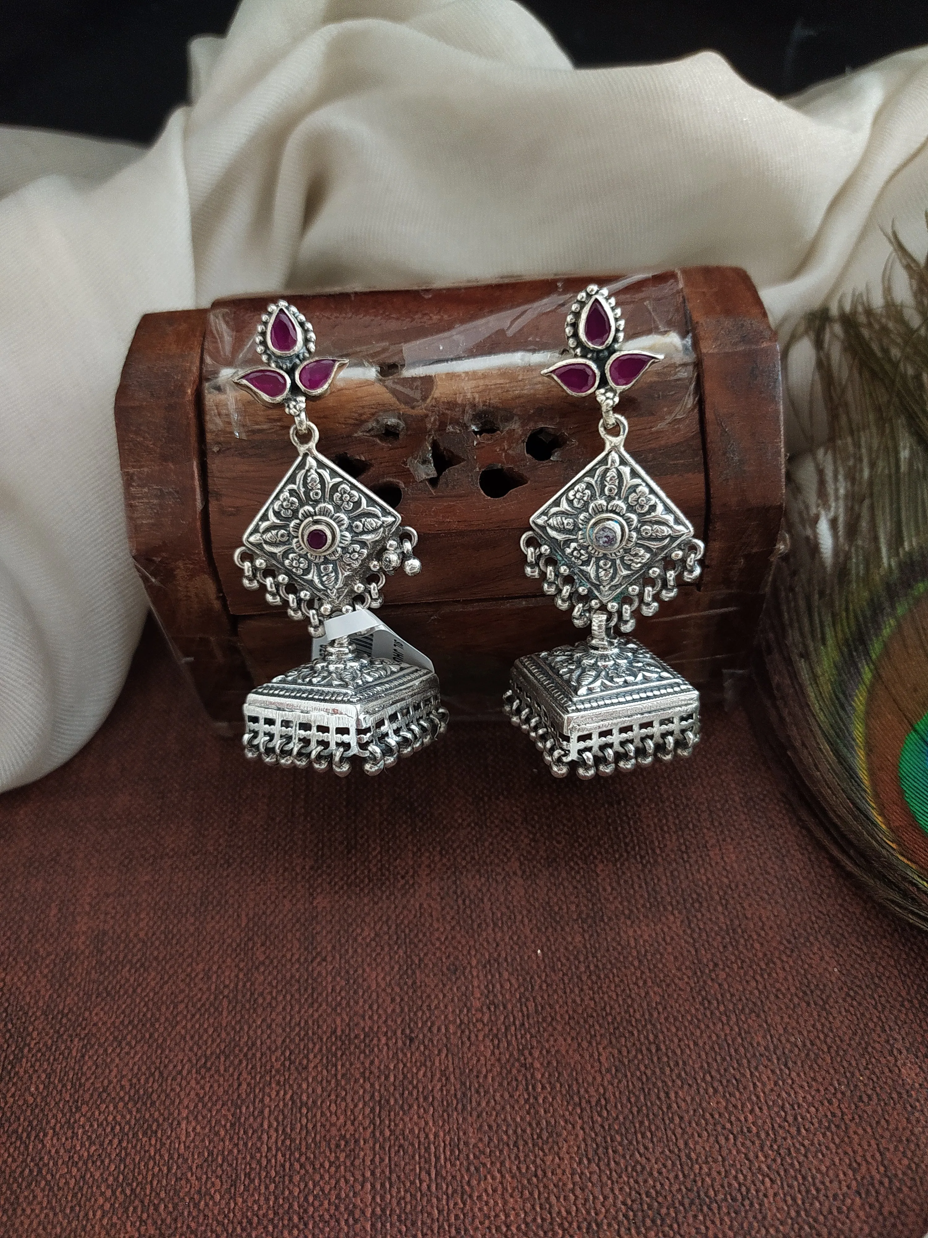 Designer Oxidized Jhumki with Emerald and Ruby Stones – Perfect for Navaratri