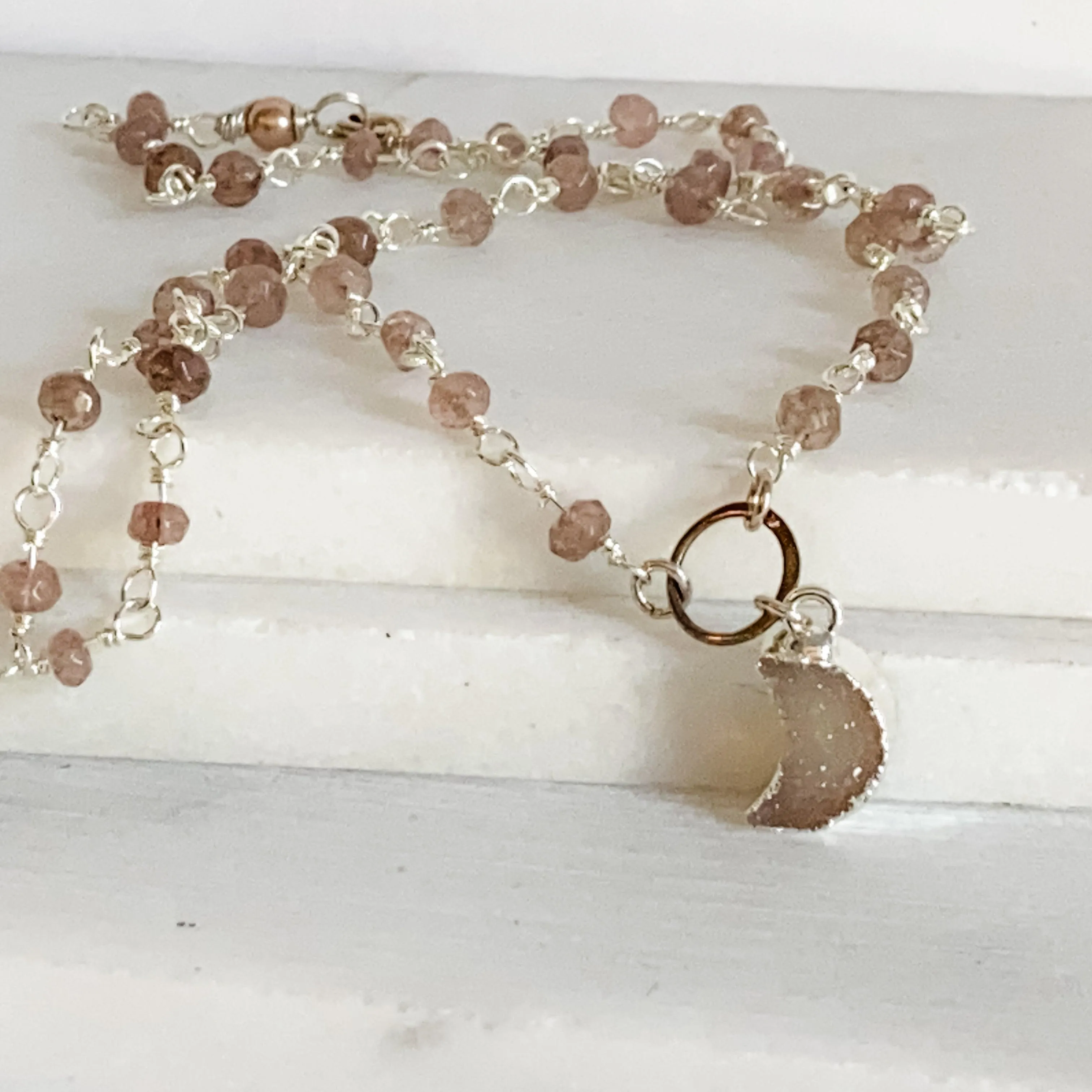 Druzy Quartz Mini Moon and Chocolate Moonstone with Sterling Silver Circlet Necklace