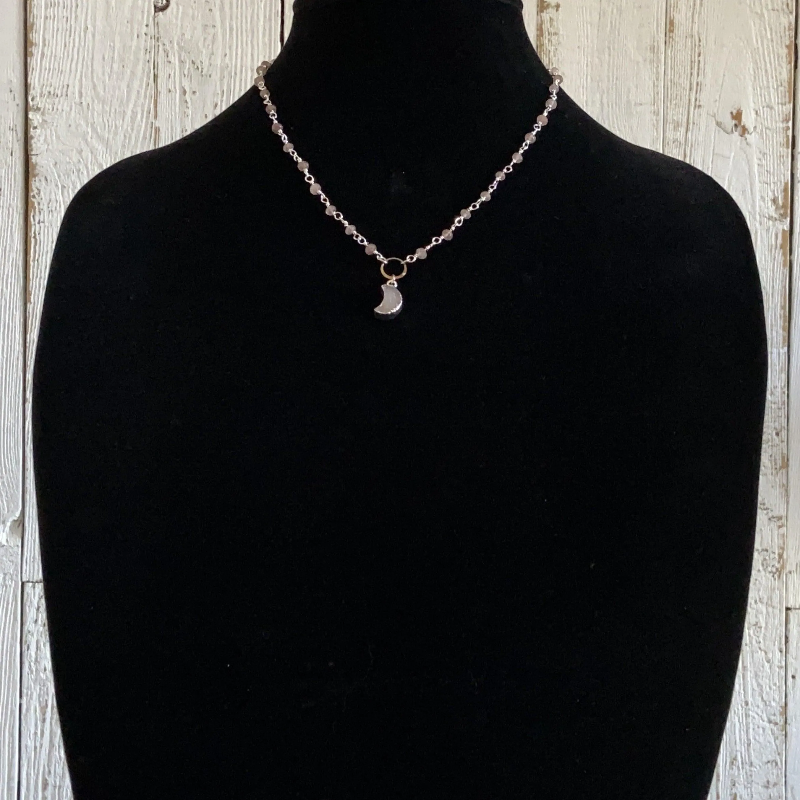 Druzy Quartz Mini Moon and Chocolate Moonstone with Sterling Silver Circlet Necklace