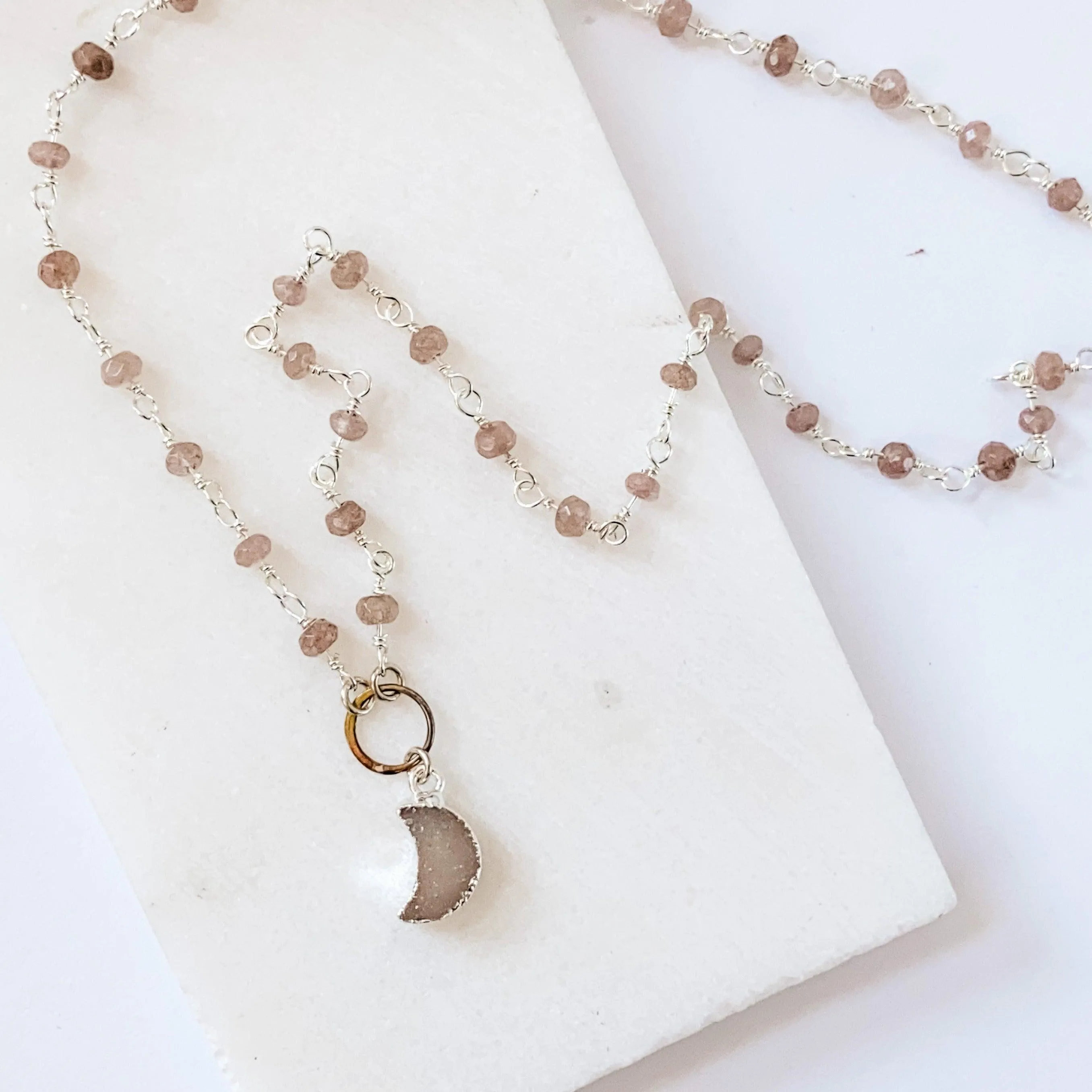 Druzy Quartz Mini Moon and Chocolate Moonstone with Sterling Silver Circlet Necklace