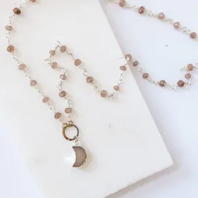 Druzy Quartz Mini Moon and Chocolate Moonstone with Sterling Silver Circlet Necklace