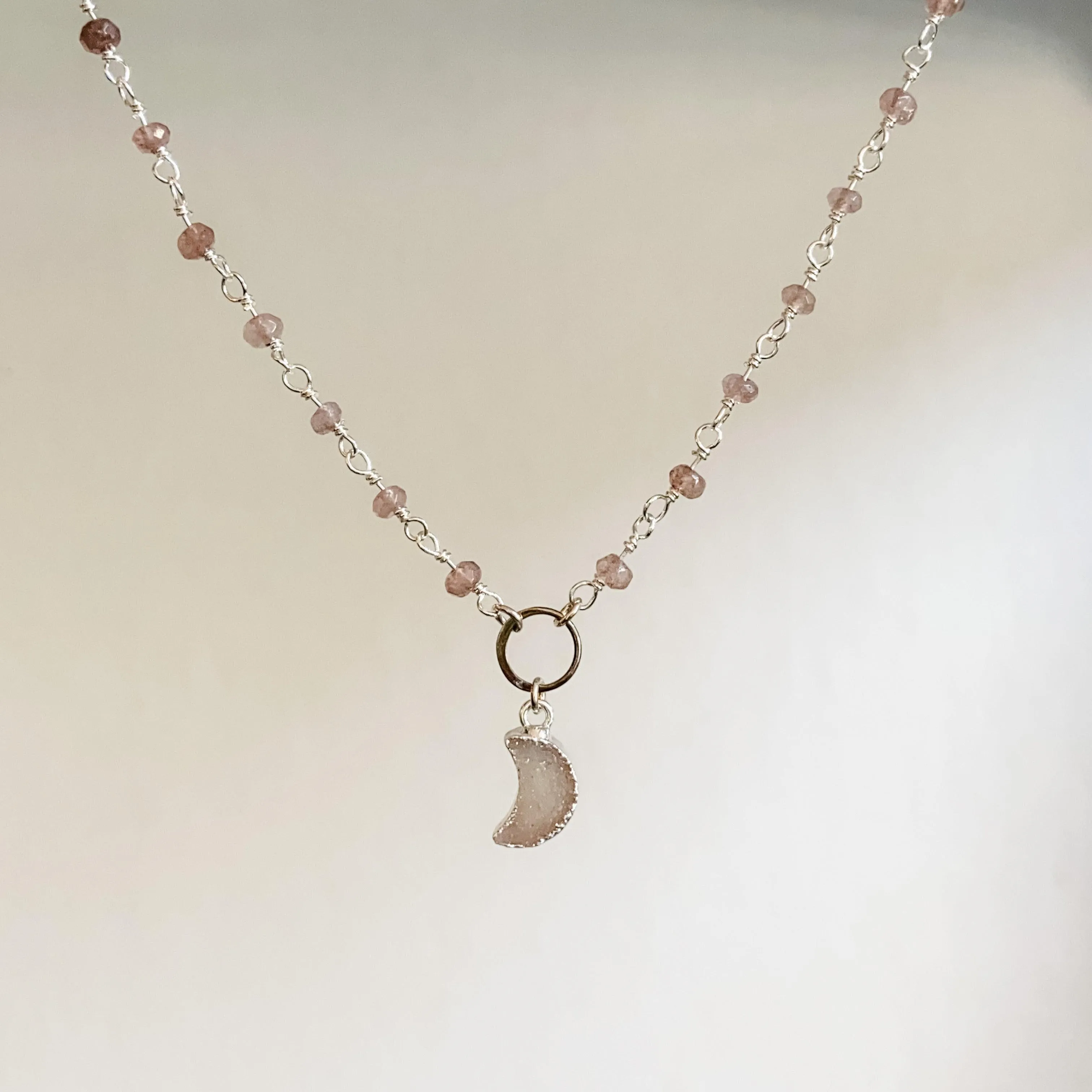 Druzy Quartz Mini Moon and Chocolate Moonstone with Sterling Silver Circlet Necklace