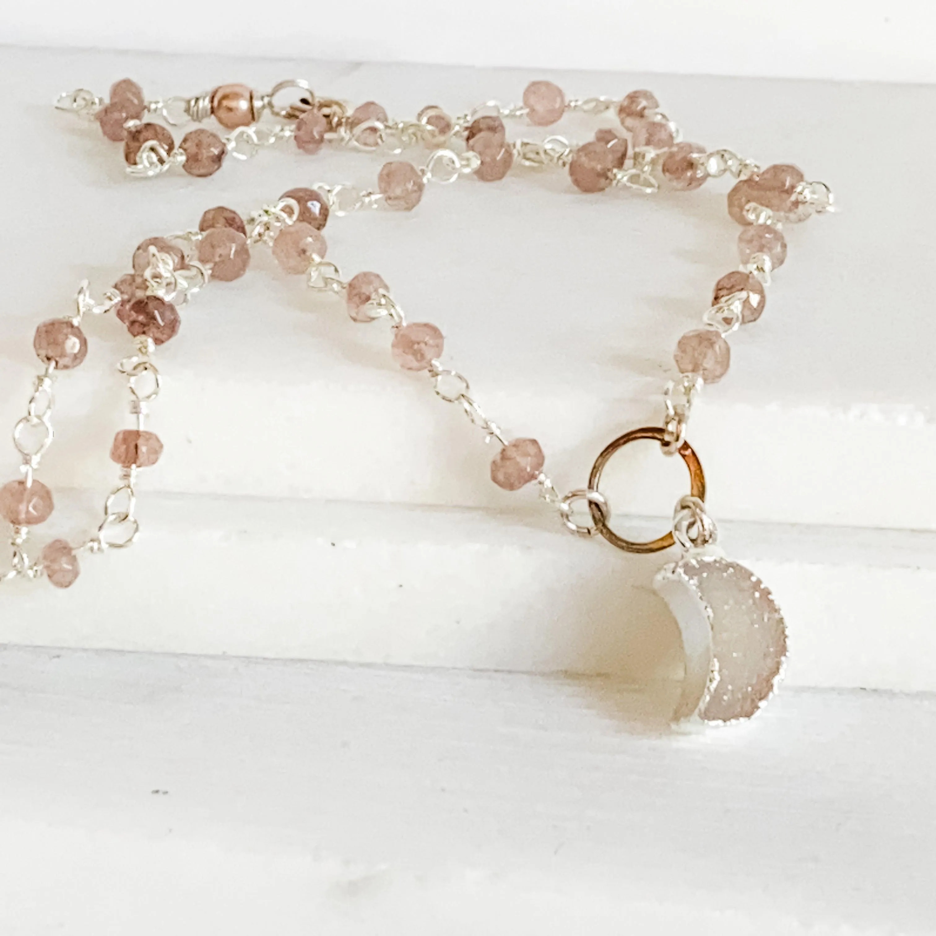 Druzy Quartz Mini Moon and Chocolate Moonstone with Sterling Silver Circlet Necklace