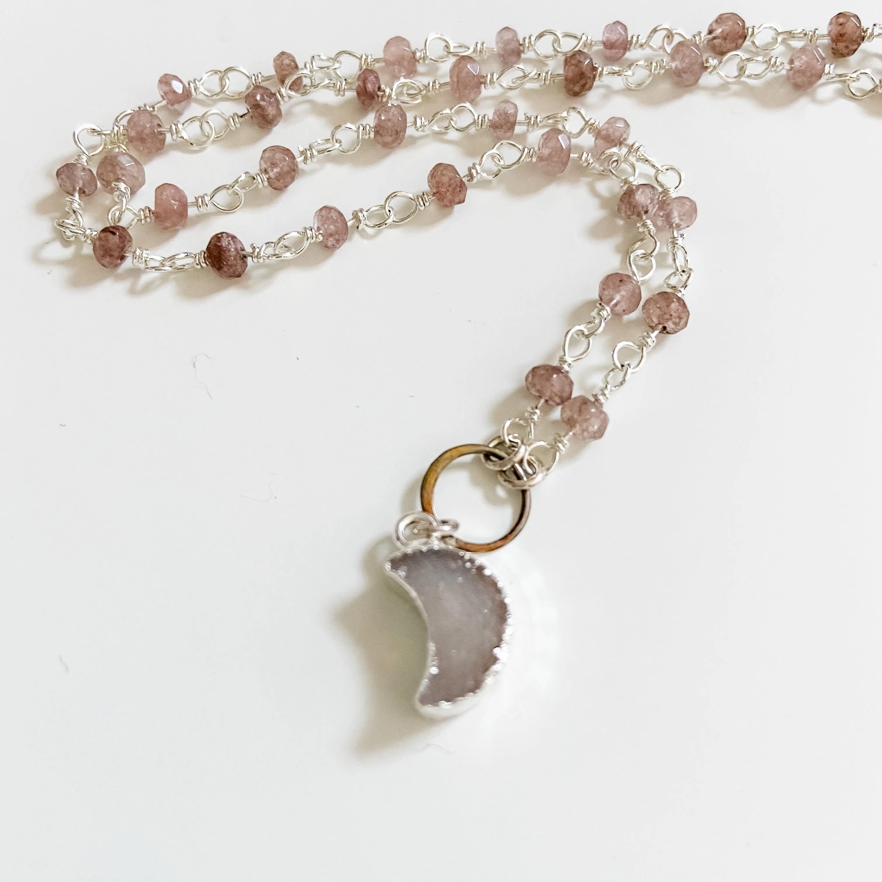 Druzy Quartz Mini Moon and Chocolate Moonstone with Sterling Silver Circlet Necklace