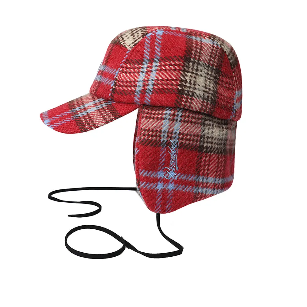 EARFLAP 5 PANEL HAT PINK / BEIGE CHECK
