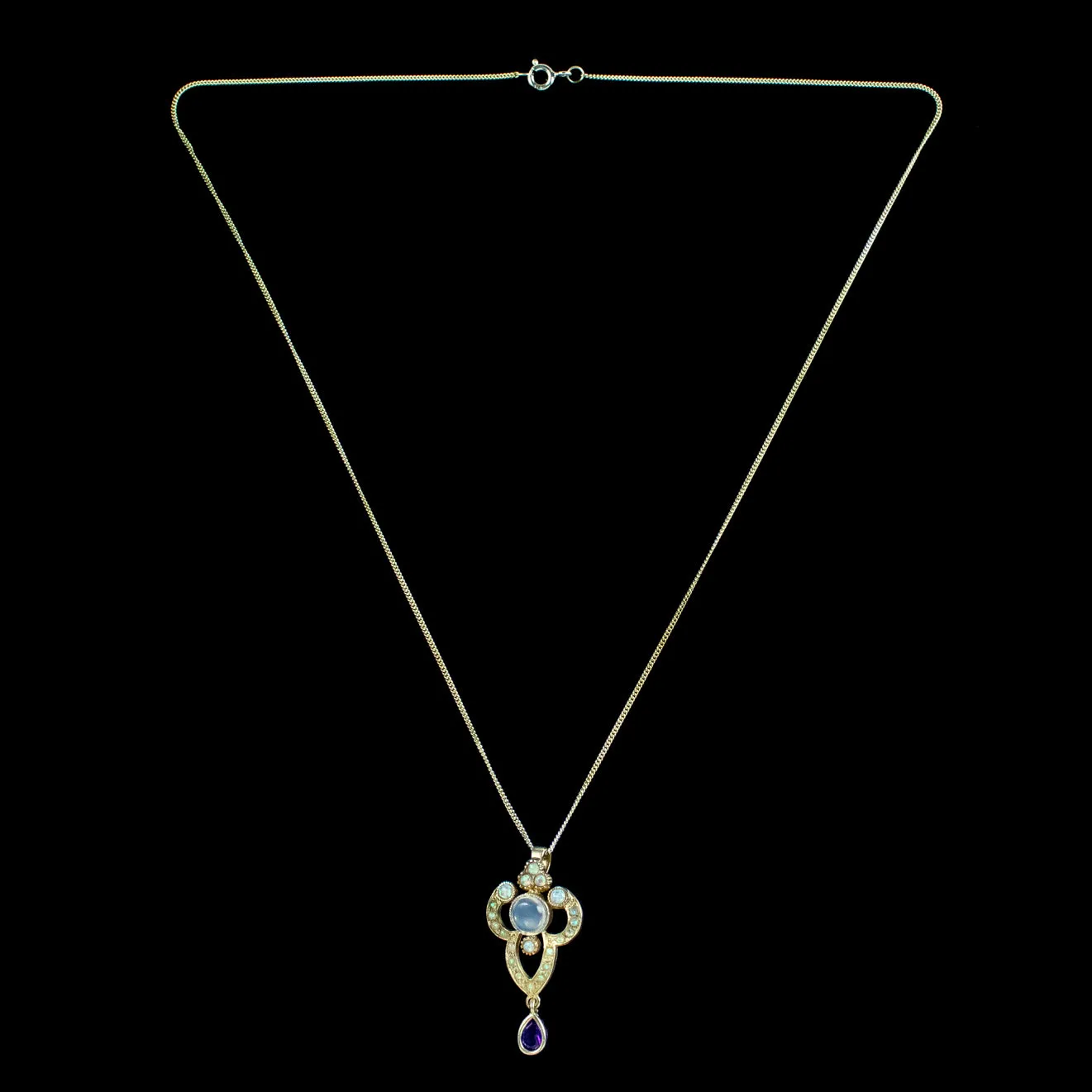 Edwardian Style Opal Moonstone Amethyst Pendant Necklace