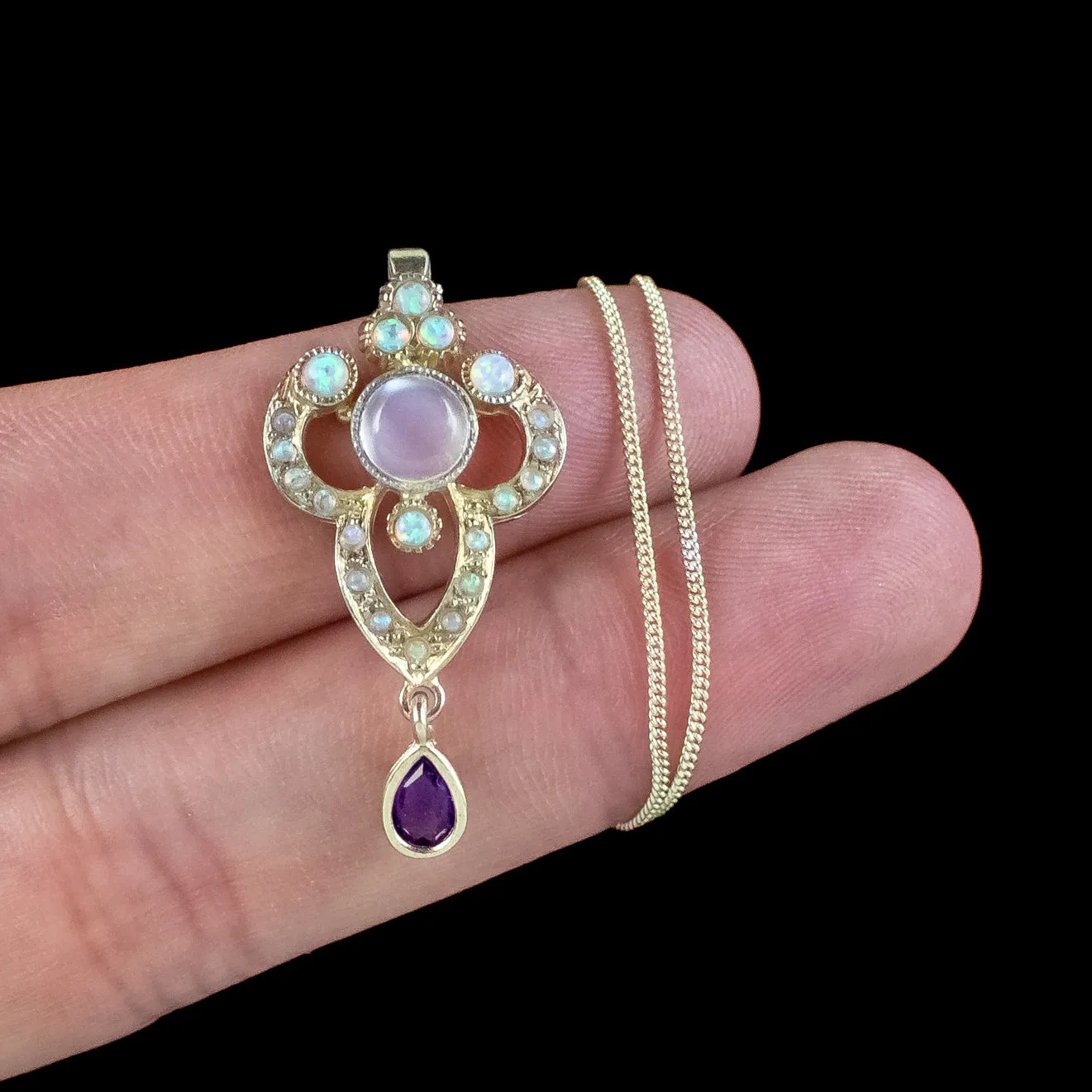 Edwardian Style Opal Moonstone Amethyst Pendant Necklace