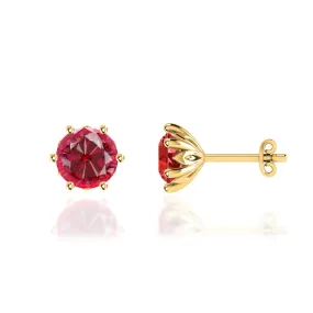 ELOISE - Round Ruby 18k Yellow Gold Lotus Leaf Stud Earrings