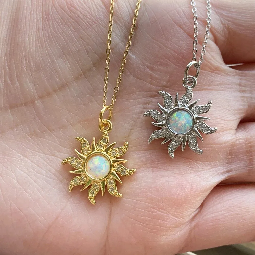 Gold-Plated Sun Necklace With Opal Pendant- Princess Like Necklace Perfect for Wedding or Party Look