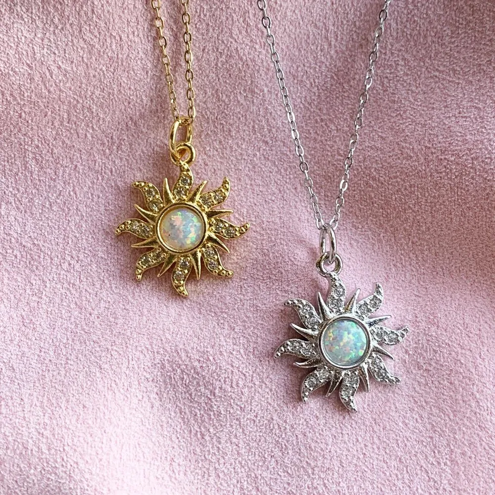 Gold-Plated Sun Necklace With Opal Pendant- Princess Like Necklace Perfect for Wedding or Party Look