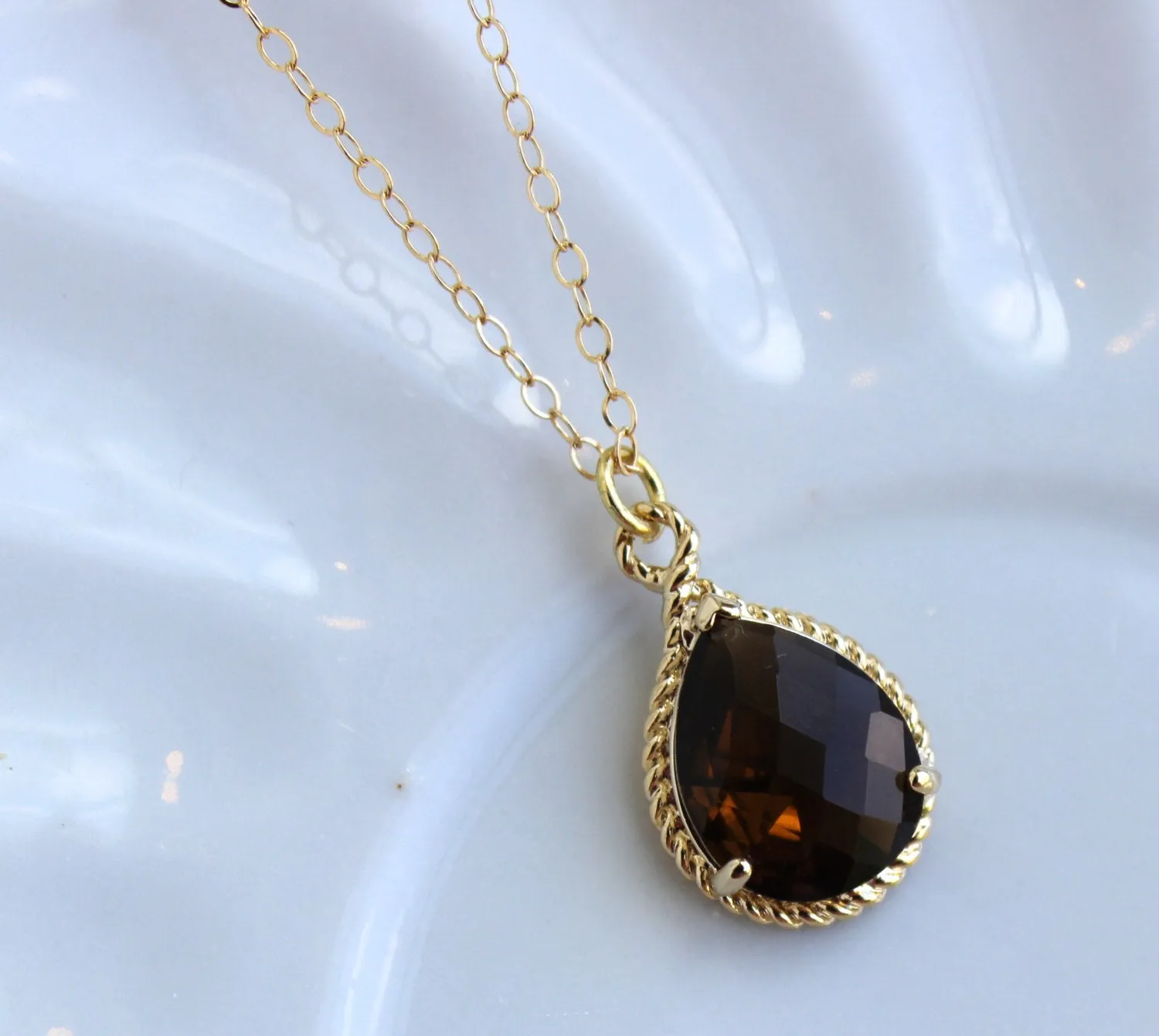 Gold Smoky Brown Necklace Topaz Wedding Necklace Jewelry Bridesmaid Gift Jewelry Brown Bridal Jewelry Topaz Gift Under 30