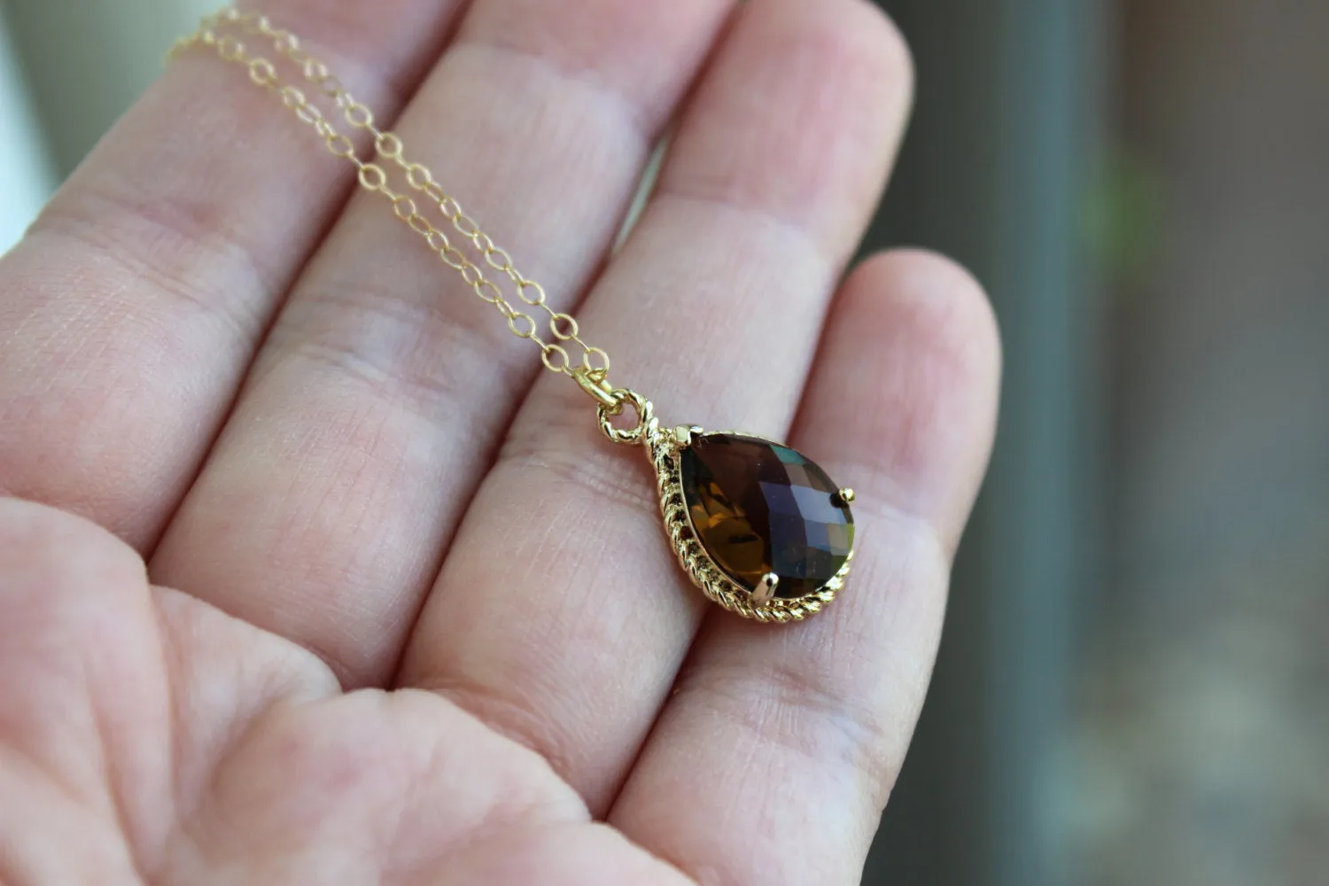 Gold Smoky Brown Necklace Topaz Wedding Necklace Jewelry Bridesmaid Gift Jewelry Brown Bridal Jewelry Topaz Gift Under 30