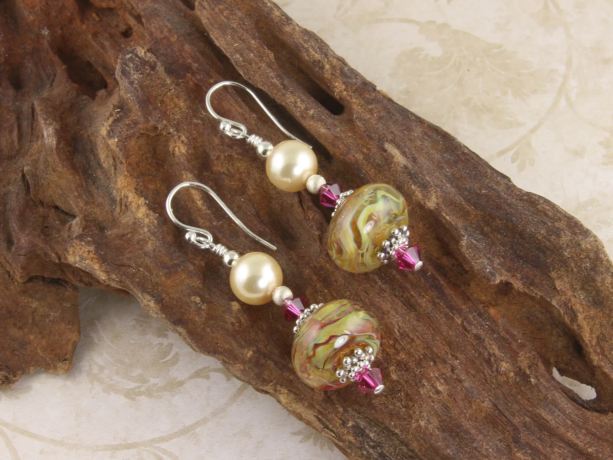 Golden Ruby Swirls Lampwork Earrings