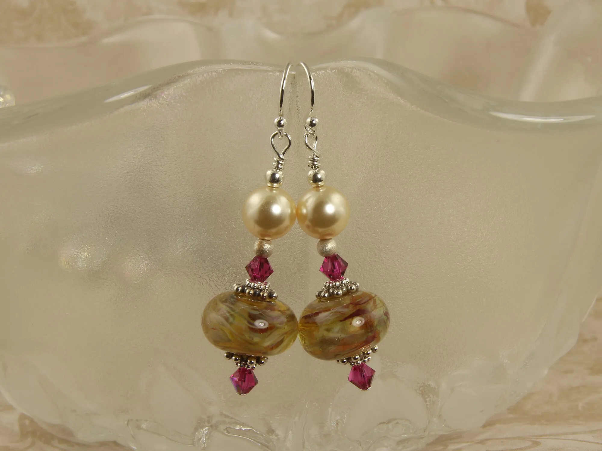 Golden Ruby Swirls Lampwork Earrings