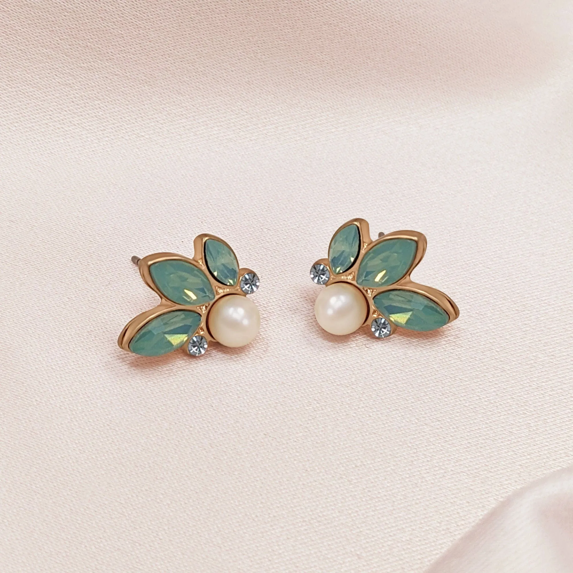 Green Crystal Earrings: Opal Green Leaf Stone & Pearl Earrings