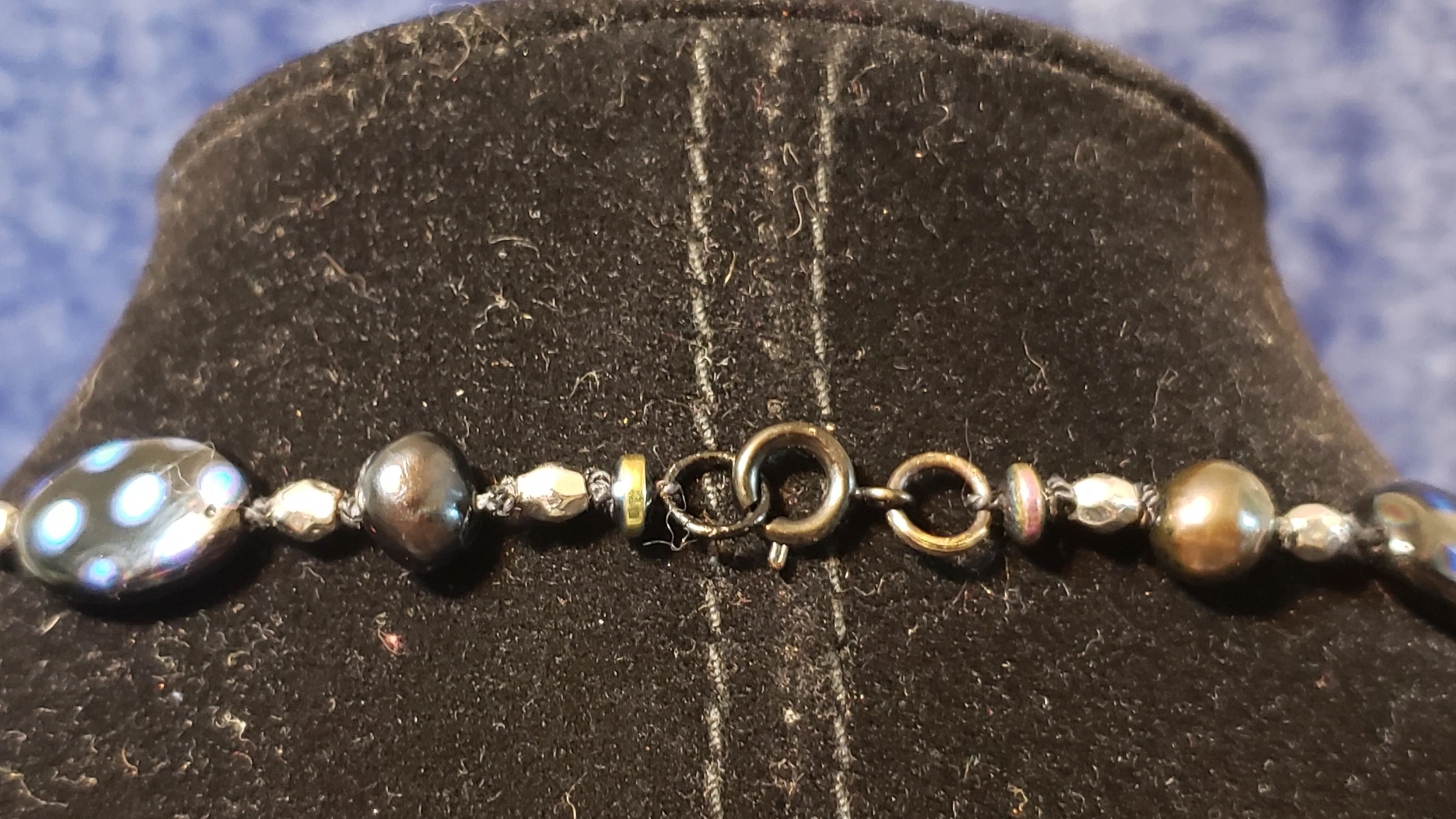 Hand Knotted Silk, Black Pearl & Czech Glass Choker Necklace, 15" with Spring Ring Clasp