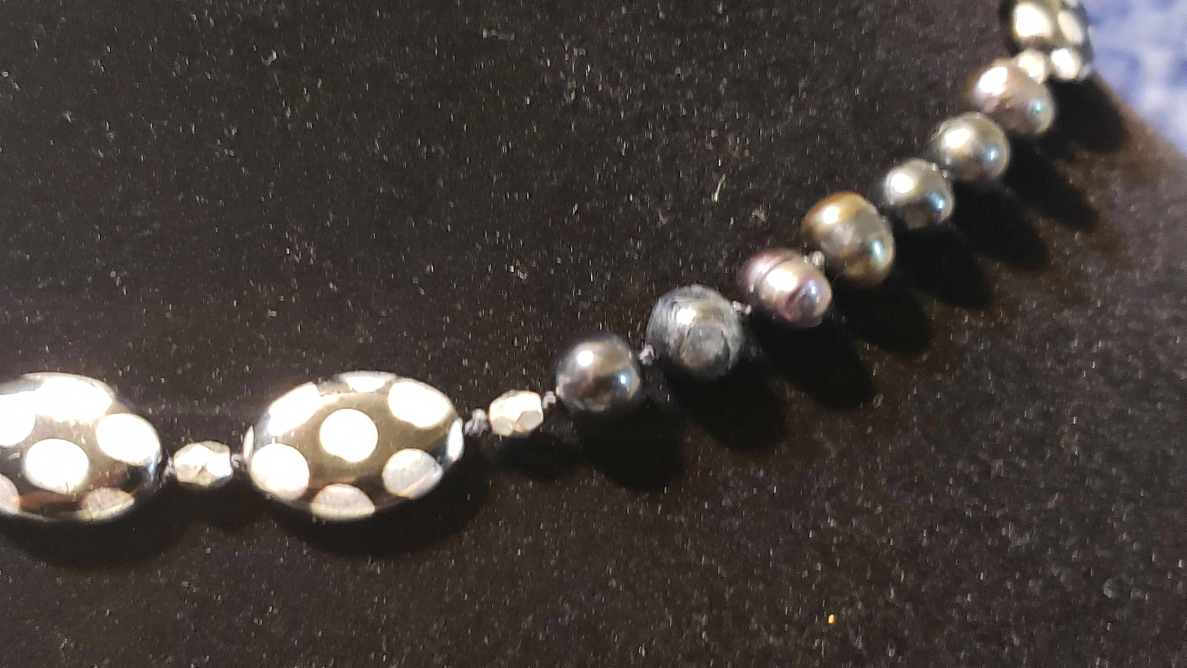 Hand Knotted Silk, Black Pearl & Czech Glass Choker Necklace, 15" with Spring Ring Clasp