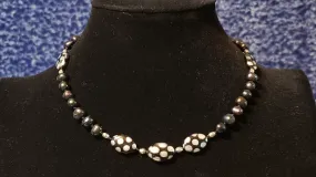 Hand Knotted Silk, Black Pearl & Czech Glass Choker Necklace, 15" with Spring Ring Clasp