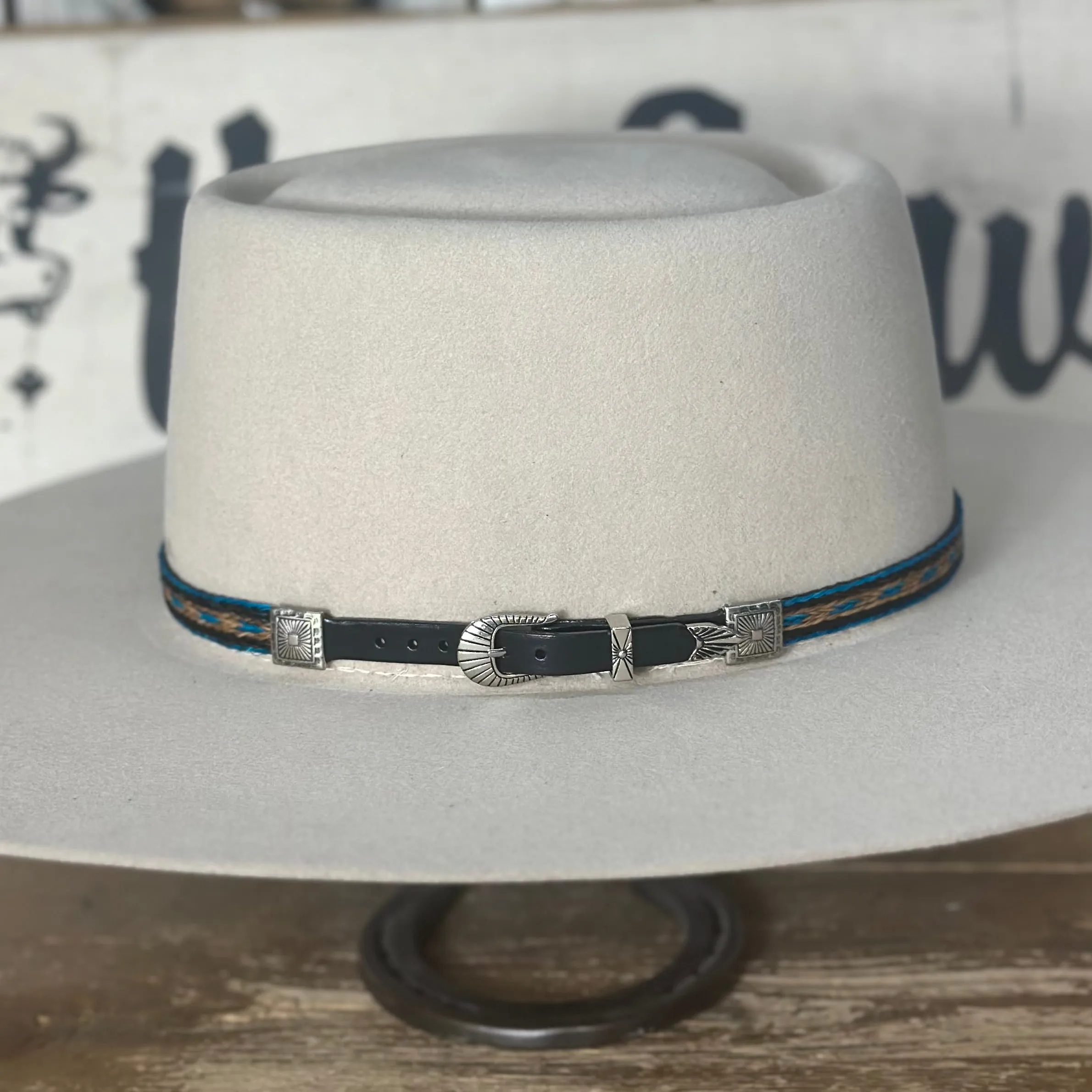 Hat Band | Horsehair 5 Strand w/ Buckle and Concho Dark Brown/Light Brown/Turquoise