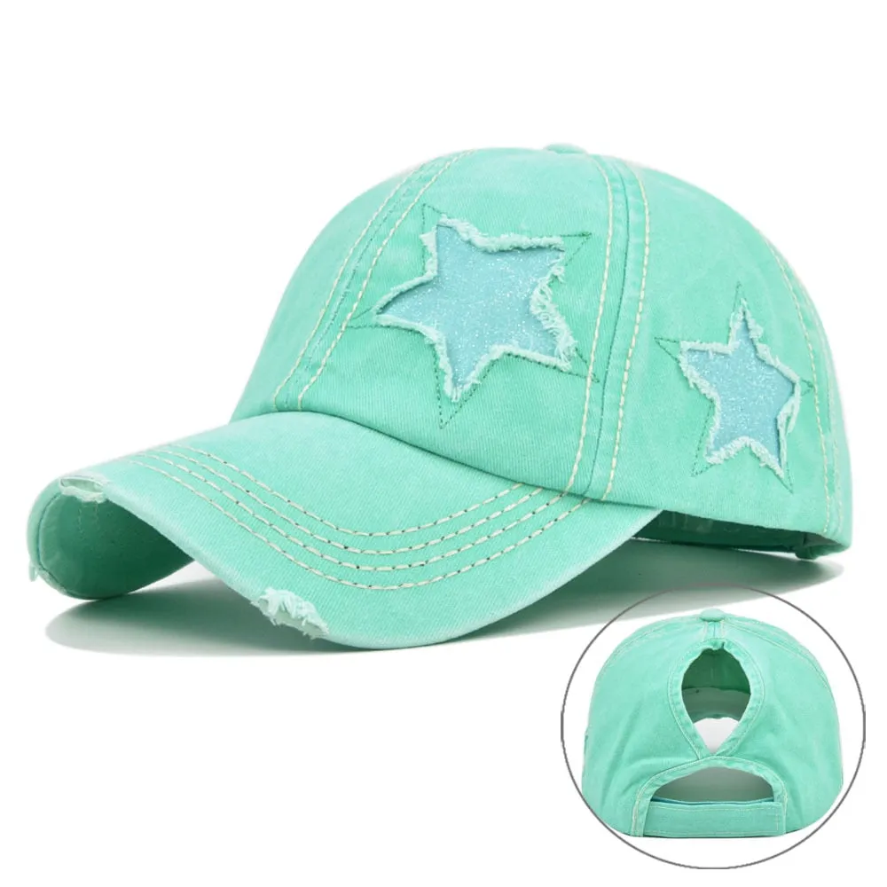 Hole Star Baseball Cap Spring Sunhat Washed Girls Women Cotton Snapback Caps Fashion Hip Hop Vintage Female Ponytail Hat