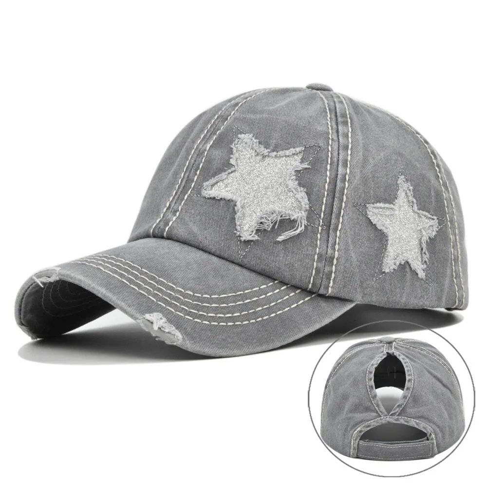 Hole Star Baseball Cap Spring Sunhat Washed Girls Women Cotton Snapback Caps Fashion Hip Hop Vintage Female Ponytail Hat
