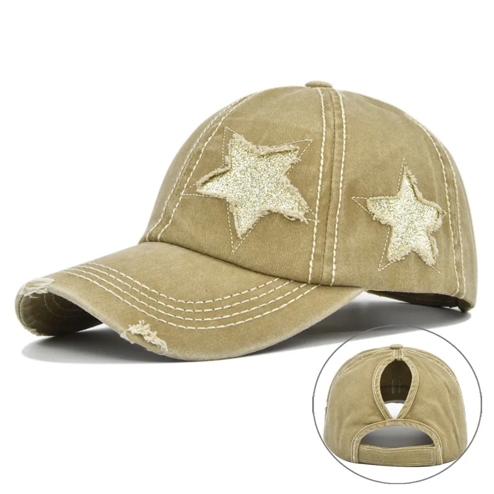 Hole Star Baseball Cap Spring Sunhat Washed Girls Women Cotton Snapback Caps Fashion Hip Hop Vintage Female Ponytail Hat