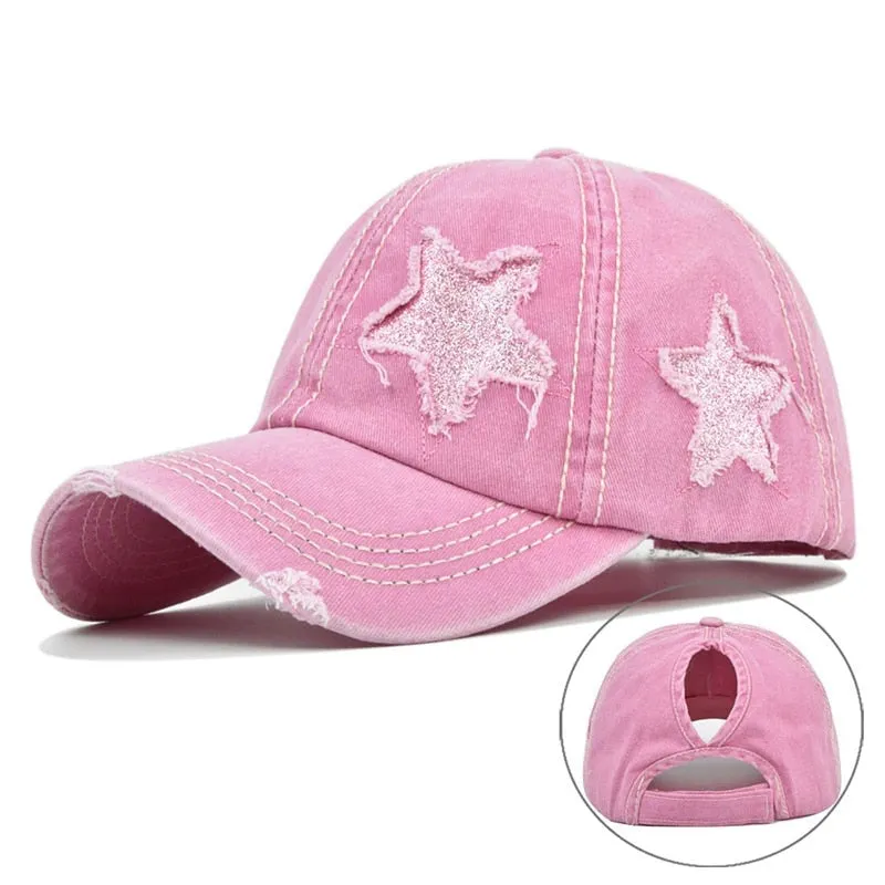 Hole Star Baseball Cap Spring Sunhat Washed Girls Women Cotton Snapback Caps Fashion Hip Hop Vintage Female Ponytail Hat