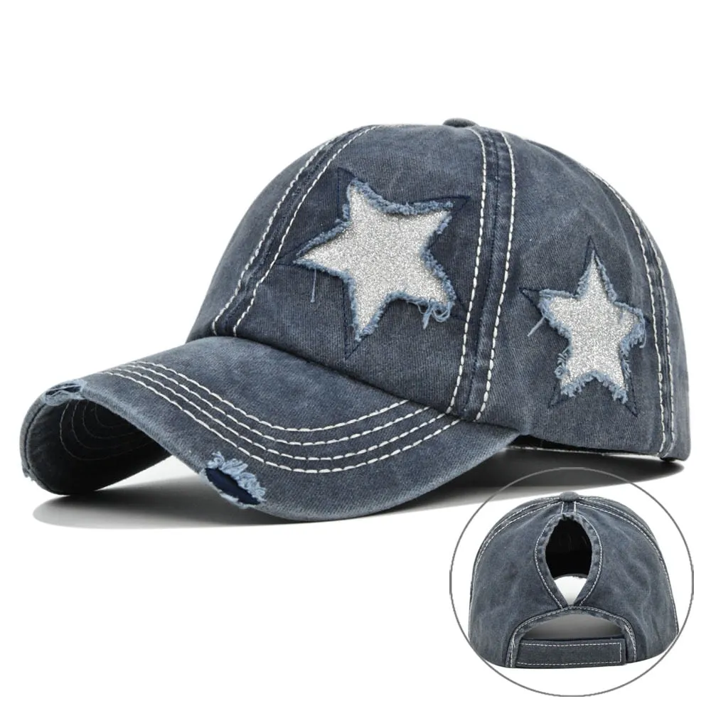 Hole Star Baseball Cap Spring Sunhat Washed Girls Women Cotton Snapback Caps Fashion Hip Hop Vintage Female Ponytail Hat