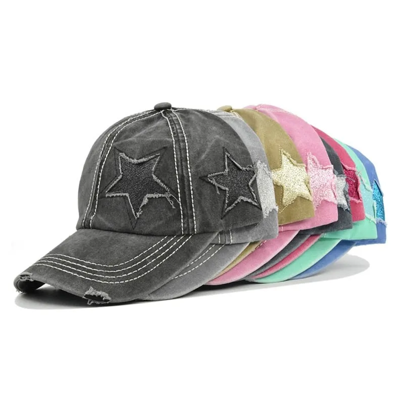 Hole Star Baseball Cap Spring Sunhat Washed Girls Women Cotton Snapback Caps Fashion Hip Hop Vintage Female Ponytail Hat