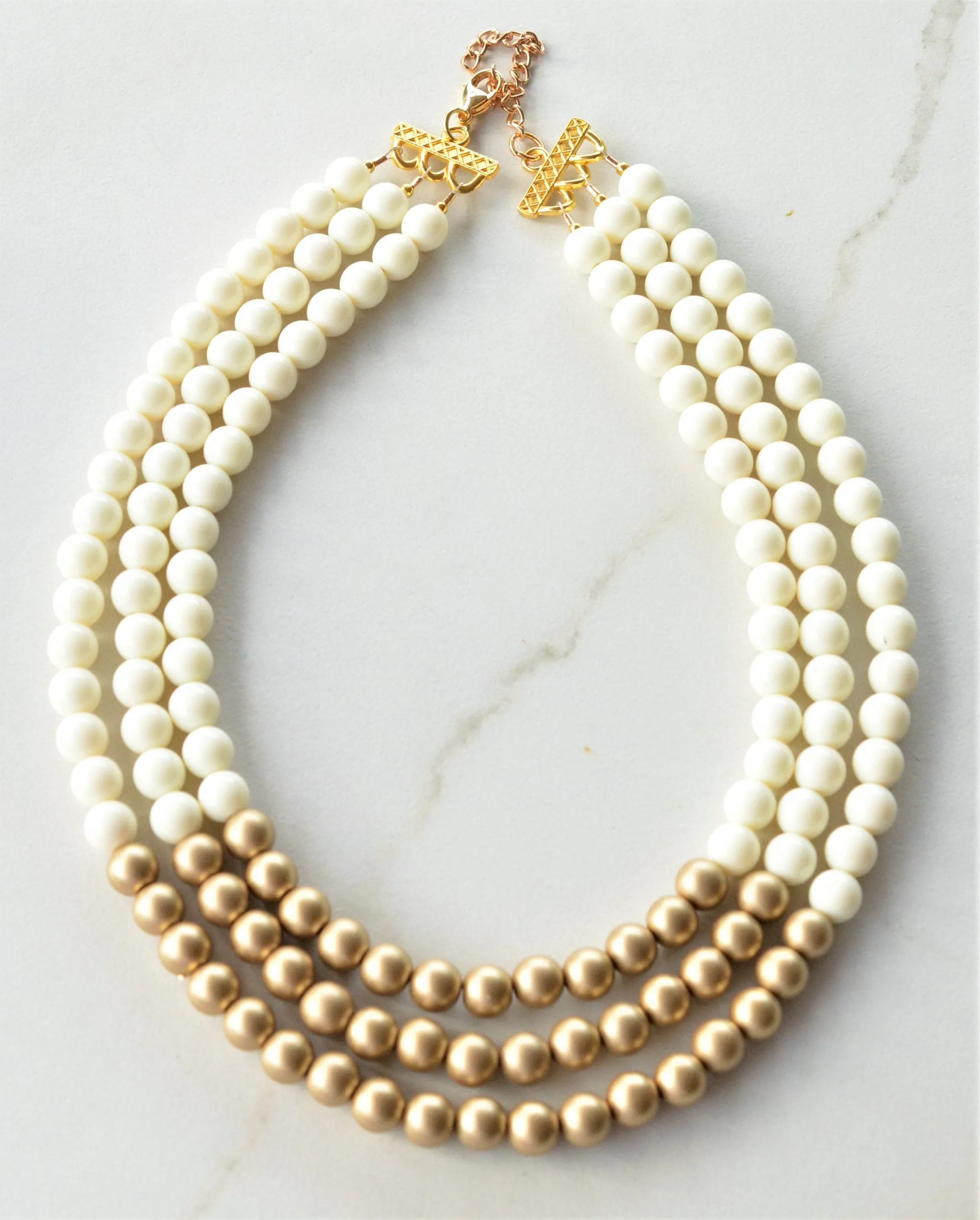 Ivory Gold Acrylic Bead Multi Strand Color Block Statement Necklace - Renee