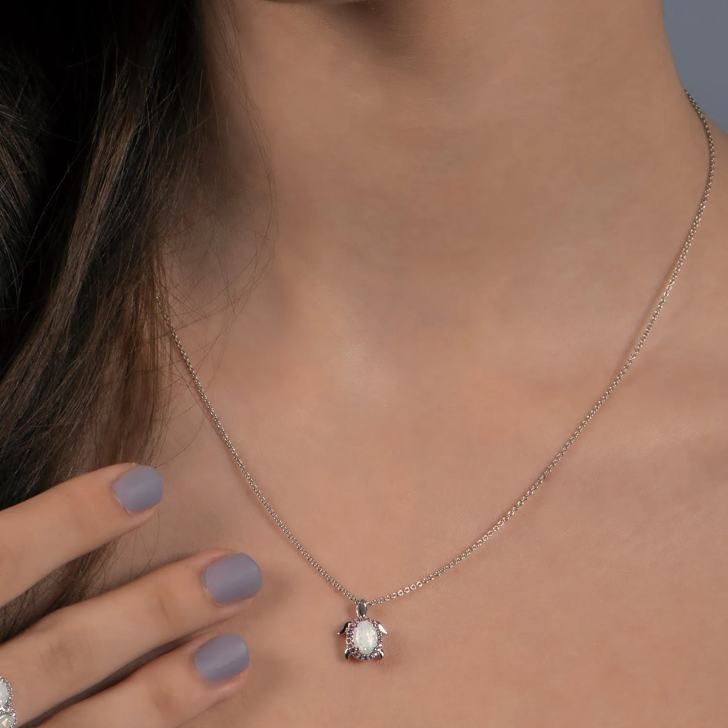 Jewelili Sterling Silver With Created Opal and Created Pink Sapphire Turtle Pendant Necklace