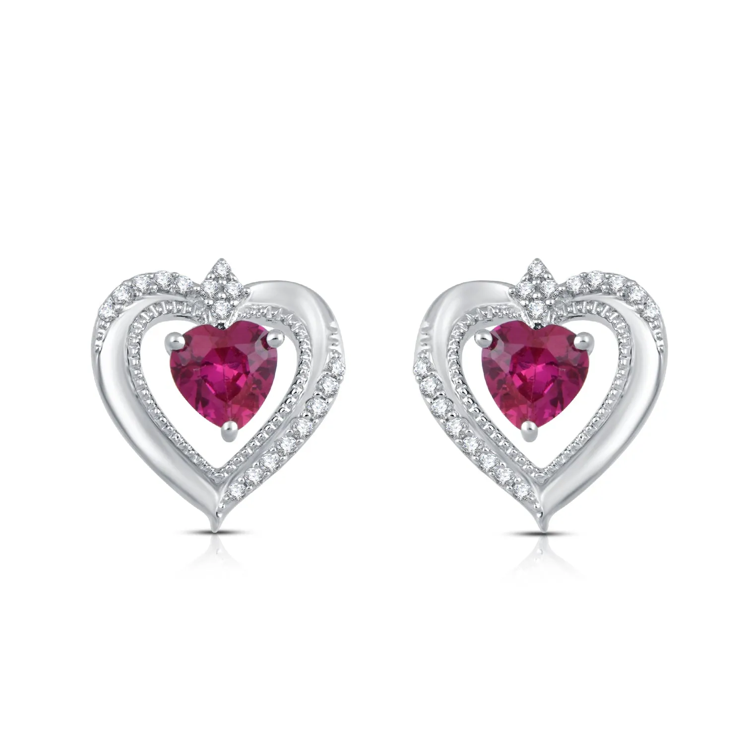 Jewelili Sterling Silver With Heart Created Ruby and Created White Sapphire Stud Earrings