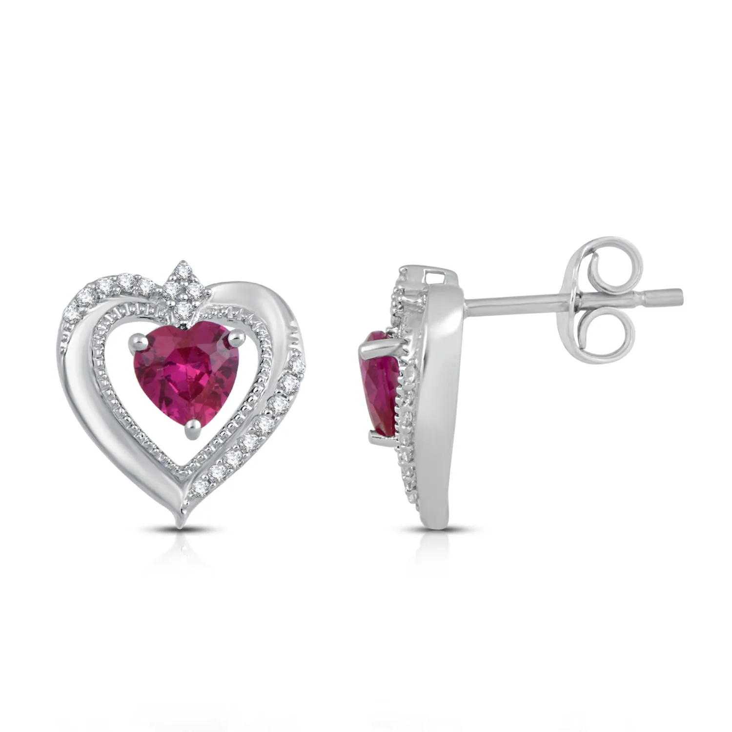 Jewelili Sterling Silver With Heart Created Ruby and Created White Sapphire Stud Earrings