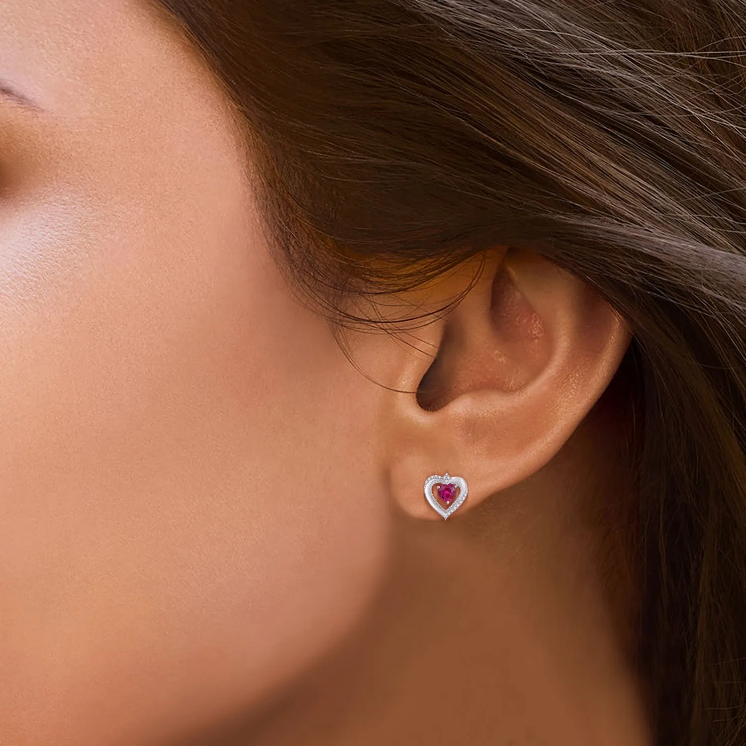Jewelili Sterling Silver With Heart Created Ruby and Created White Sapphire Stud Earrings