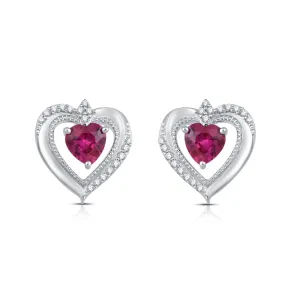 Jewelili Sterling Silver With Heart Created Ruby and Created White Sapphire Stud Earrings