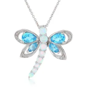 Jewelili Sterling Silver with Swiss Blue Topaz and Created Opal with Diamonds Dragonfly Pendant Necklace