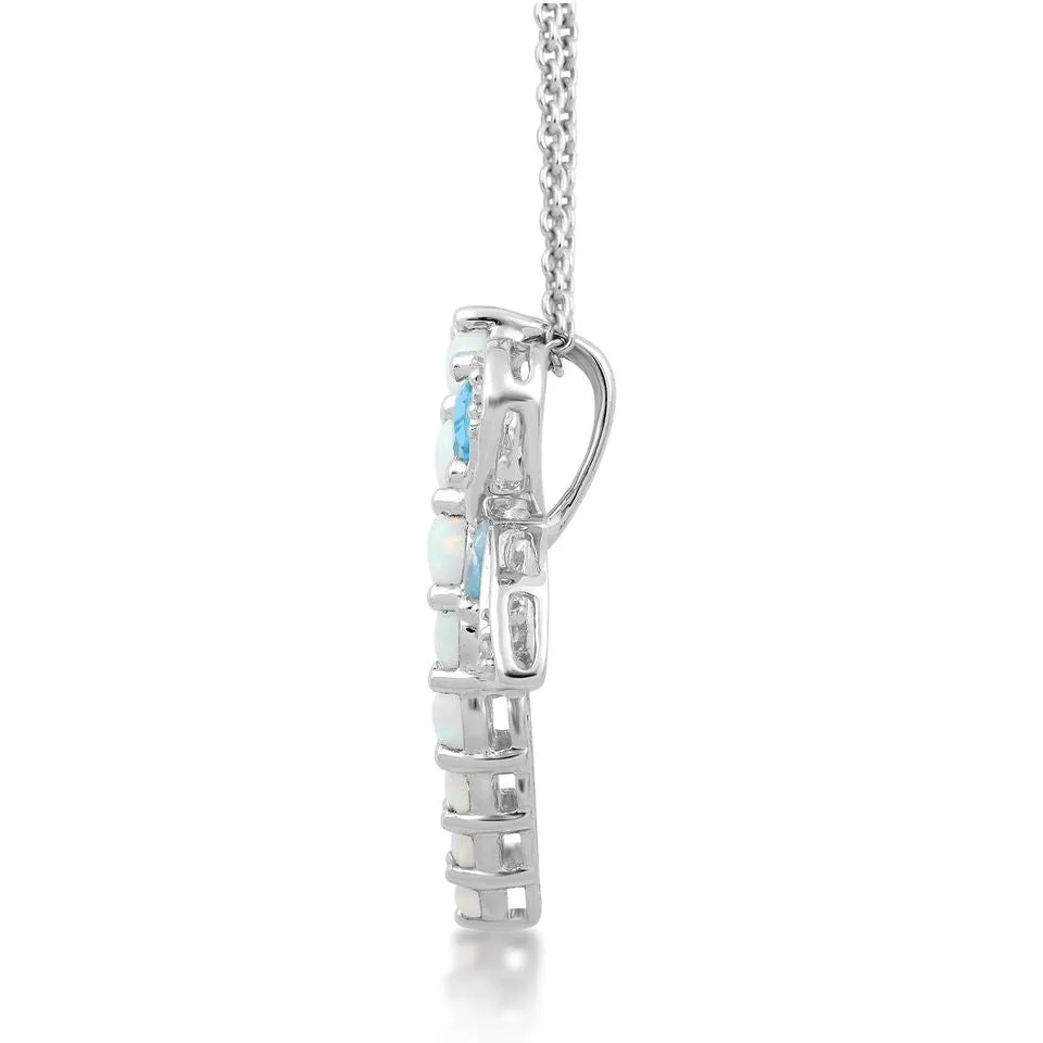 Jewelili Sterling Silver with Swiss Blue Topaz and Created Opal with Diamonds Dragonfly Pendant Necklace