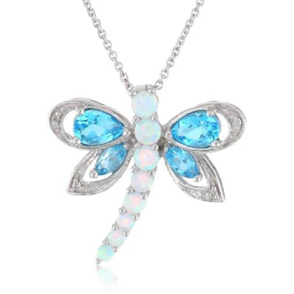 Jewelili Sterling Silver with Swiss Blue Topaz and Created Opal with Diamonds Dragonfly Pendant Necklace